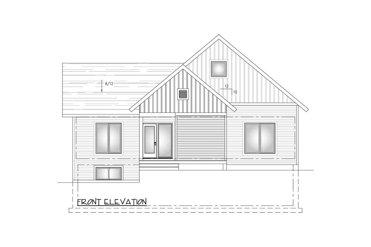 Front elevation drawing of a house plan with gabled roof, dormer window, and horizontal siding.