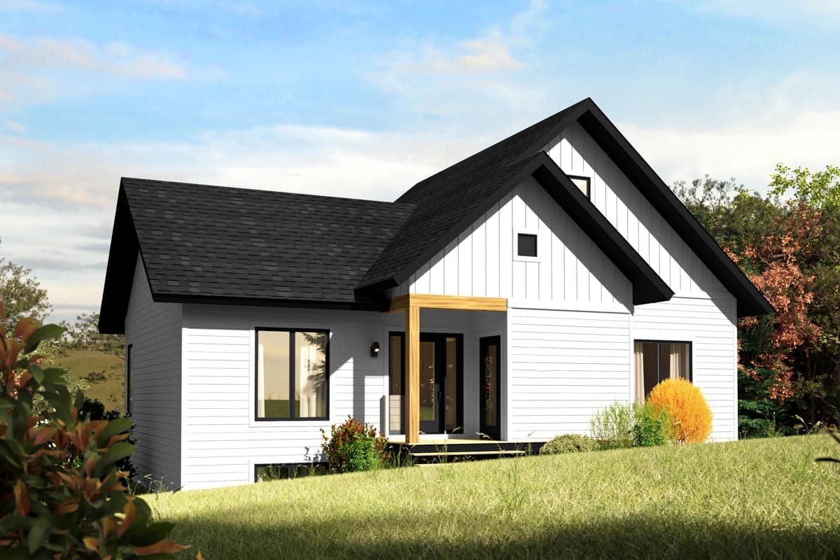 Modern house plan exterior, one story, white siding, gabled roof with black trim, and a wooden-supported porch.
