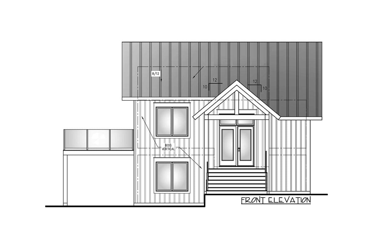 Front elevation house plan with vertical siding, pitched roof, covered porch with double doors, and deck with glass railing.