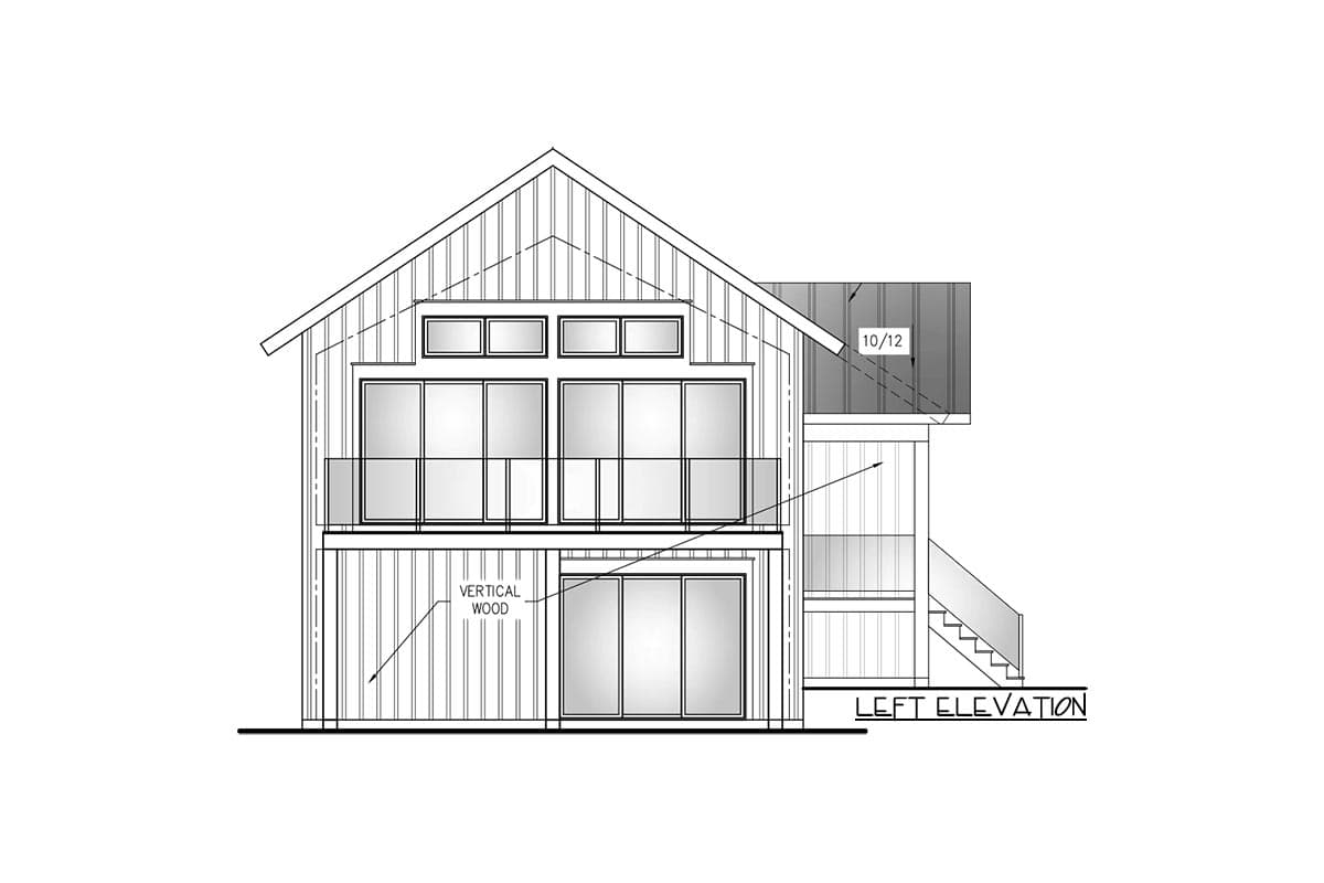 Left elevation drawing of a two-story house plan with vertical wood siding, multiple large windows, and a gable roof.