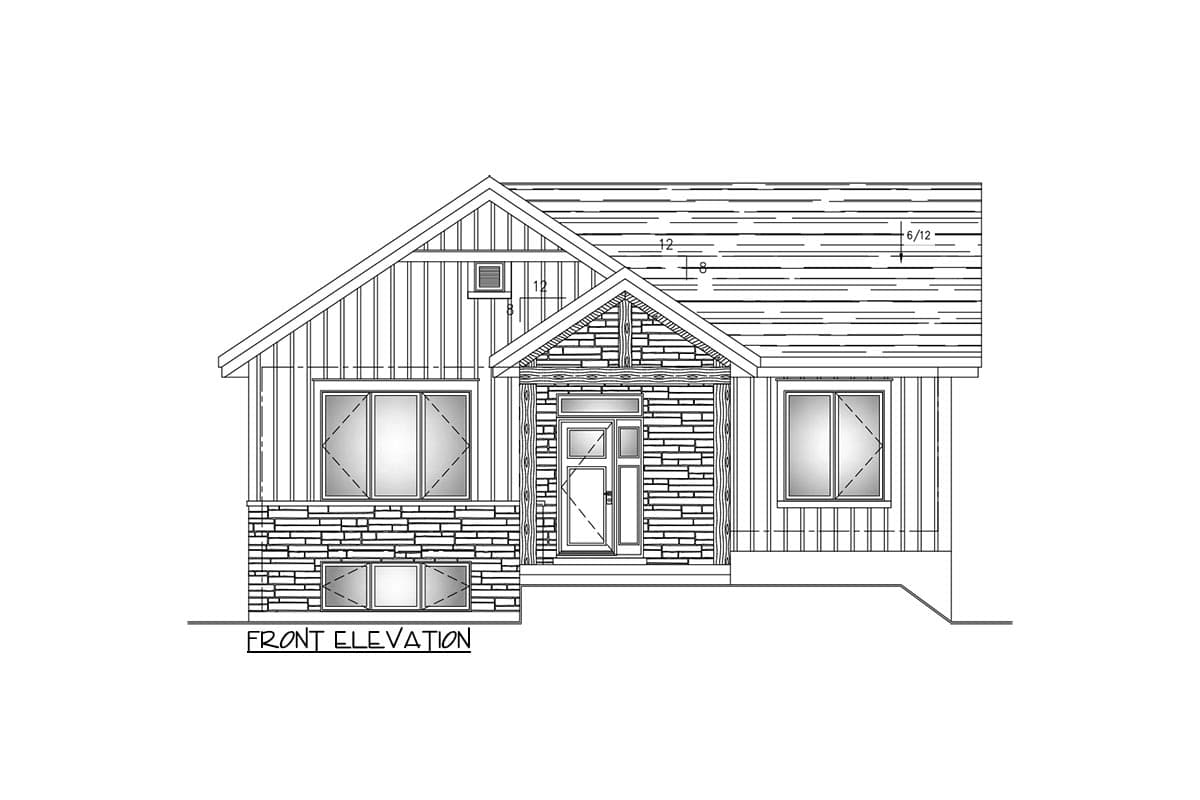 Front elevation house plan drawing shows a single-story home with a gable roof, stone base, and a covered entry.