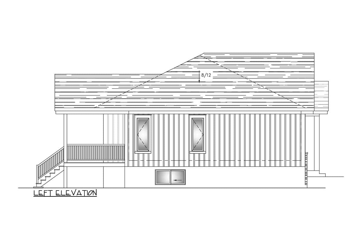 Left elevation house plan showing a side view with a covered porch, two windows, and a shed roof.