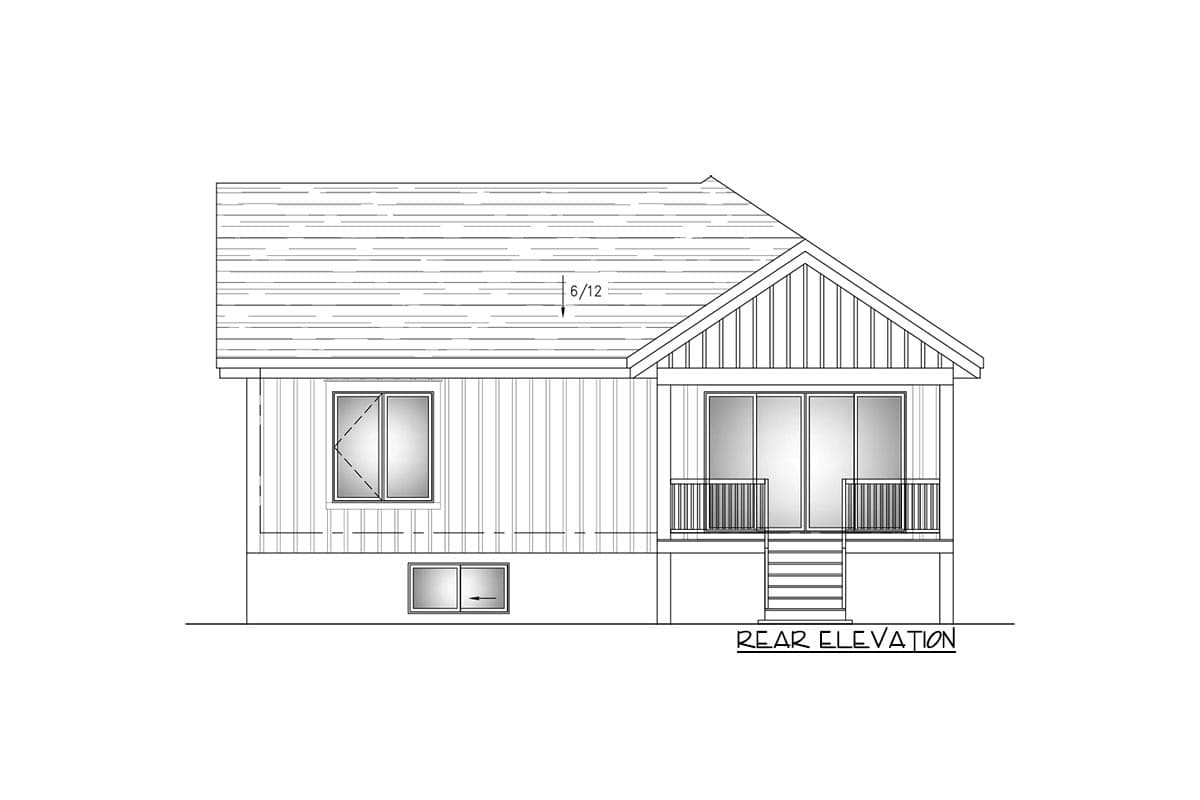Rear elevation drawing of a house plan with a gabled roof, large sliding doors, small porch, and multiple windows.