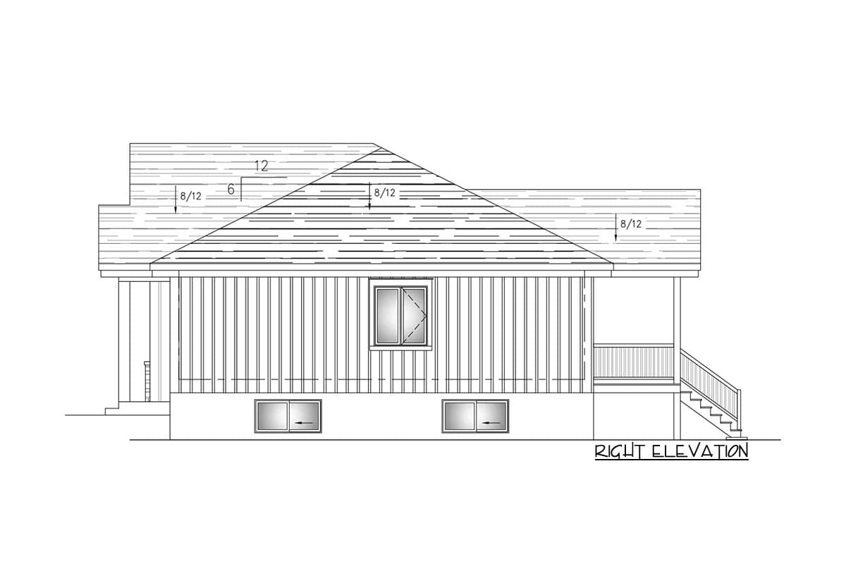 House plan right elevation showing varied roof pitches, porch with railing, and double-hung windows.