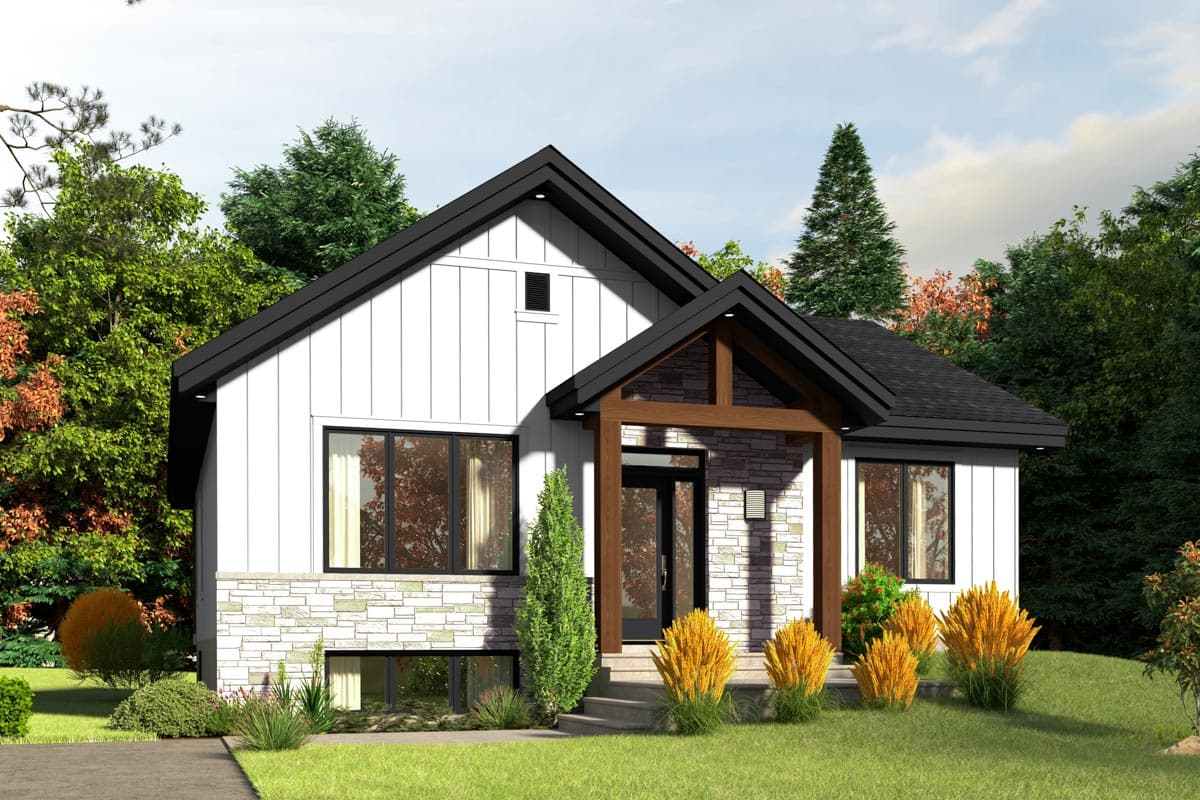 House plan exterior featuring a Modern Farmhouse style with a gabled roof, stone accent, and covered porch.