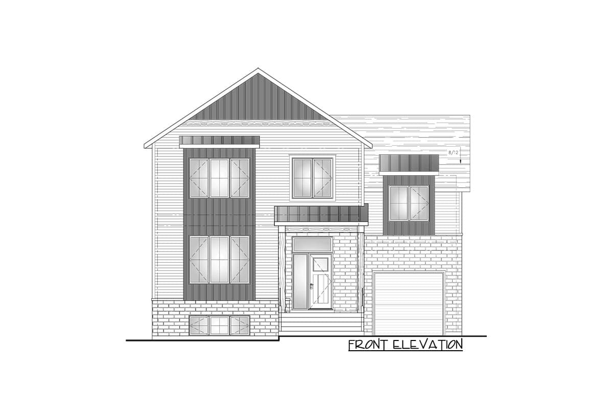 Front elevation of a two-story house plan featuring a gabled roof, diverse window styles, covered entryway, and attached garage.