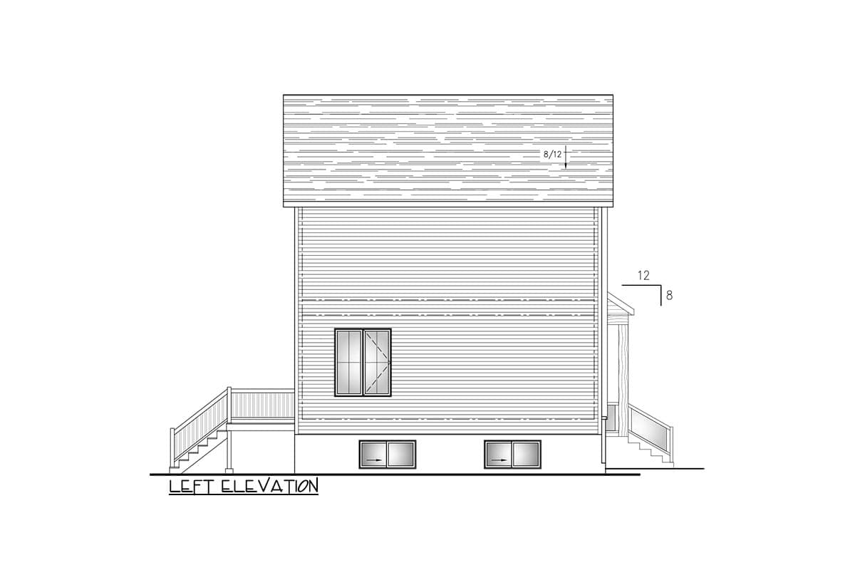 Left elevation drawing of a house plan showing siding, windows, stairs, and roof pitch.