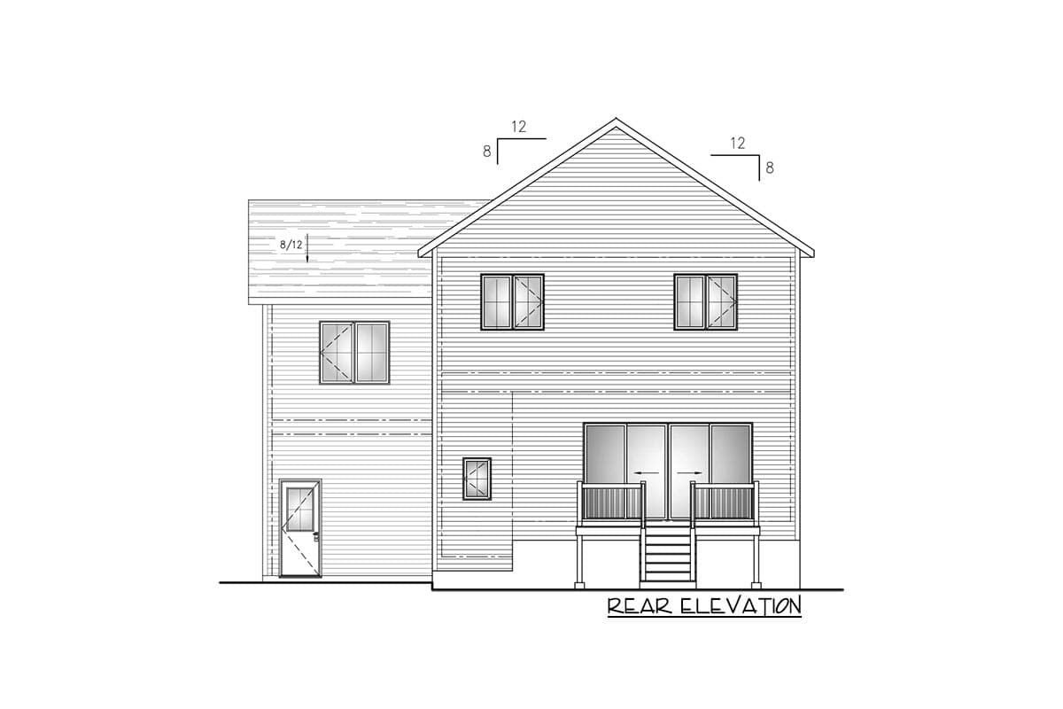 Rear elevation drawing of a two-story house with a gable roof, multiple windows, and a deck with stairs.