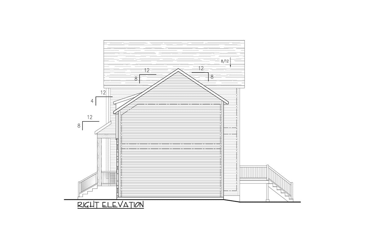 Right elevation house plan drawing showing varied roof pitches, a gable, a porch with railing, and a deck with stairs.