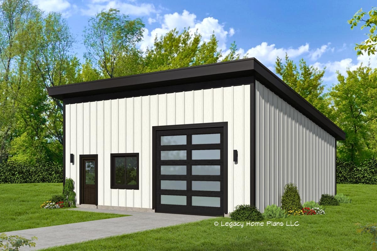 House plan exterior. Modern style with a single story. Features include a flat roof, vertical siding, and a glass-paneled garage door.