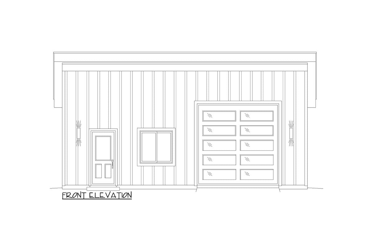 Front elevation drawing of a house with a paneled door, a single window, and a multi-panel garage door. Vertical siding.