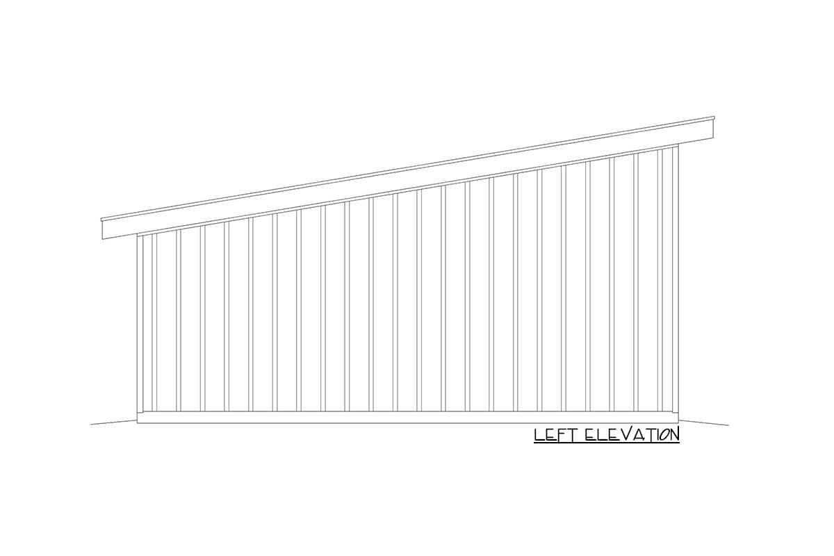 Left elevation drawing of a house plan featuring vertical siding and a shed roof.