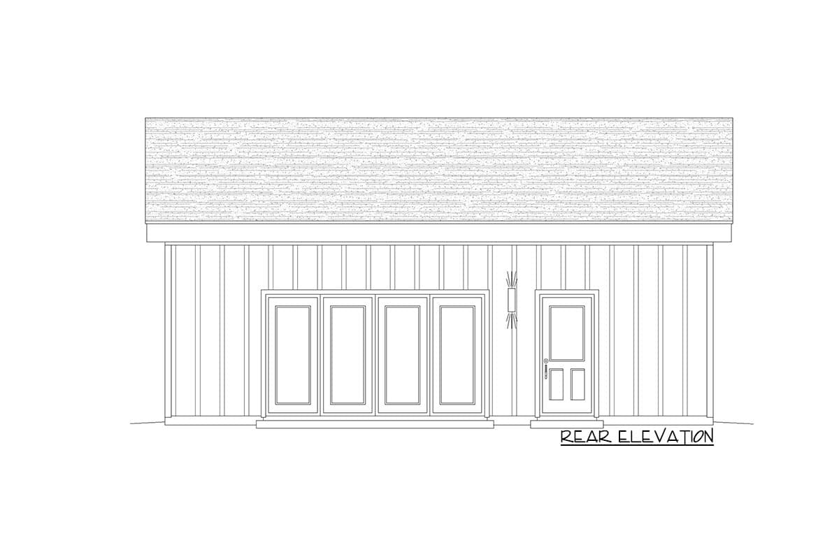 Rear elevation drawing of a house plan featuring a multi-panel glass door, single door, and pitched roof.