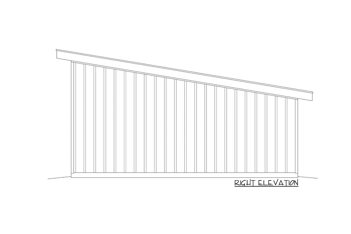 Right elevation drawing of a house plan with vertical siding and a single-slope roof.