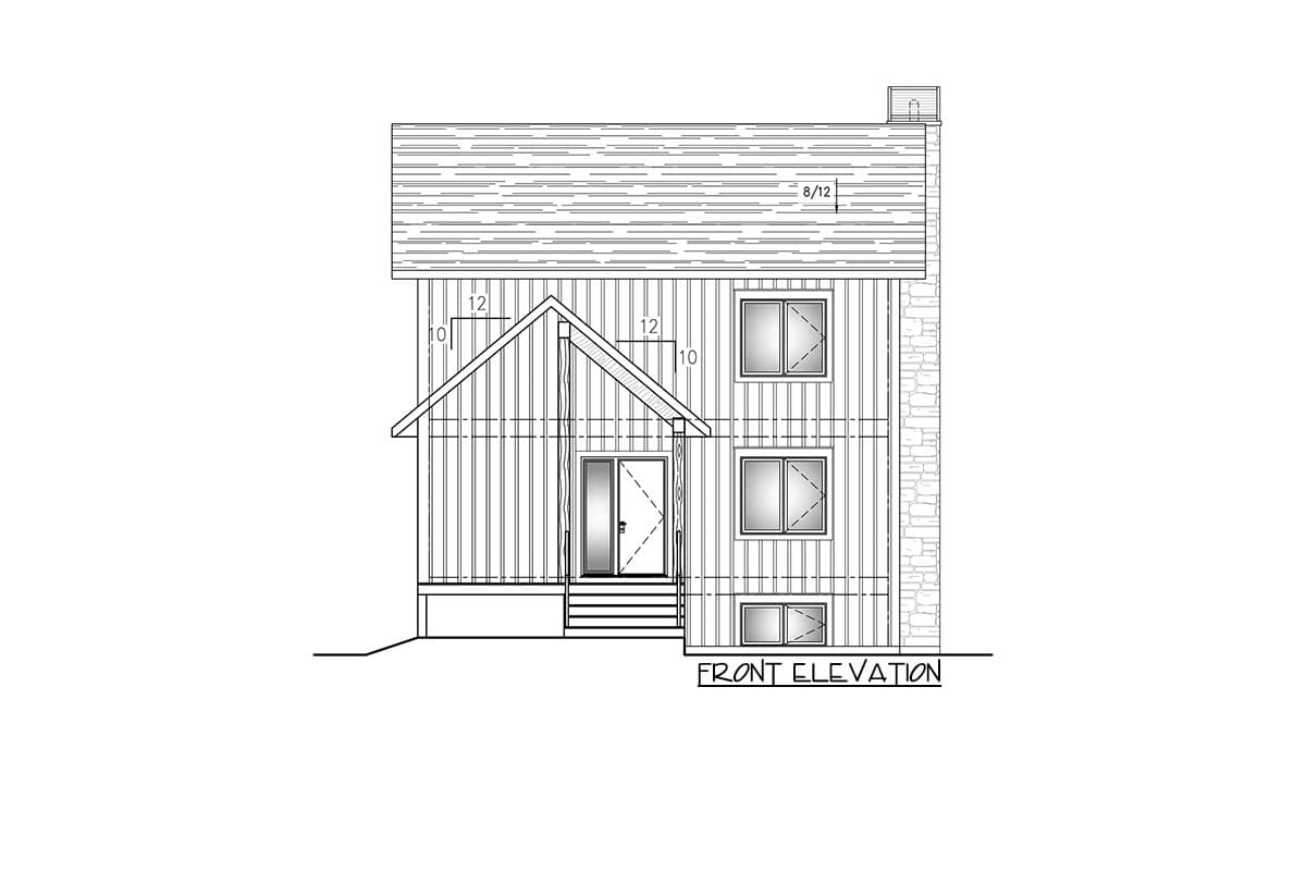 Front elevation drawing of a two-story house with a covered porch, gable roof, and stone accent.