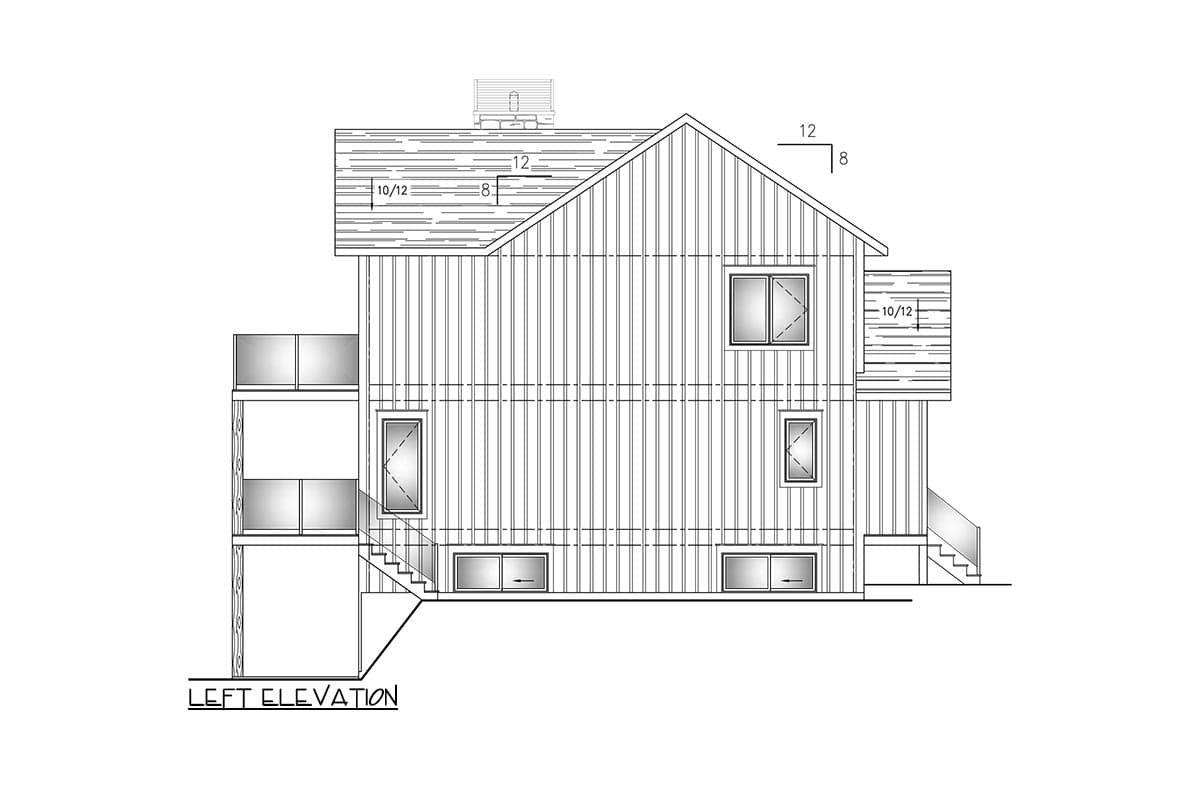 Left elevation drawing of a house with a gable roof, vertical siding, multiple windows, and a two-story balcony.