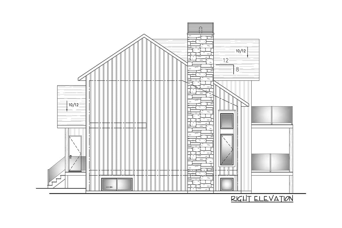 Right elevation floor plan showing a multi-story house with a stone chimney, gabled roof, and multiple windows.