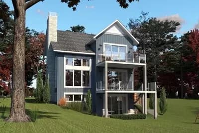 Country Lake House Plan with Stacked Rear Porches for Rear Sloping Lot