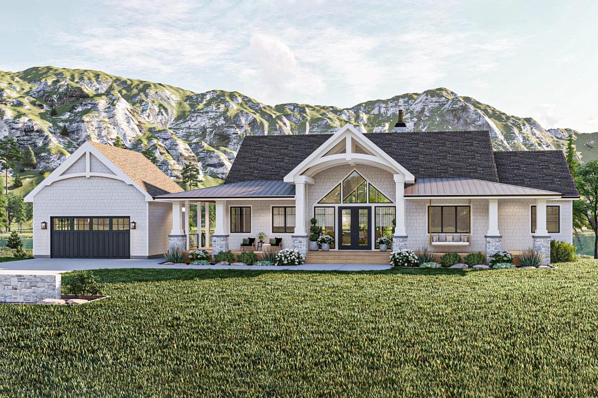 House plan exterior: Modern Farmhouse style, one-story, with a prominent gable entry, wide porch, and attached garage.