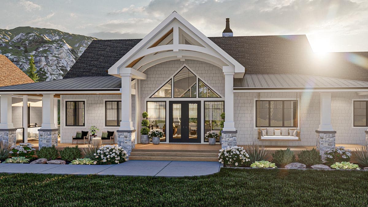 House plan exterior: Ranch style with gabled entryway, large A-frame windows, double doors, and wrap-around porch.