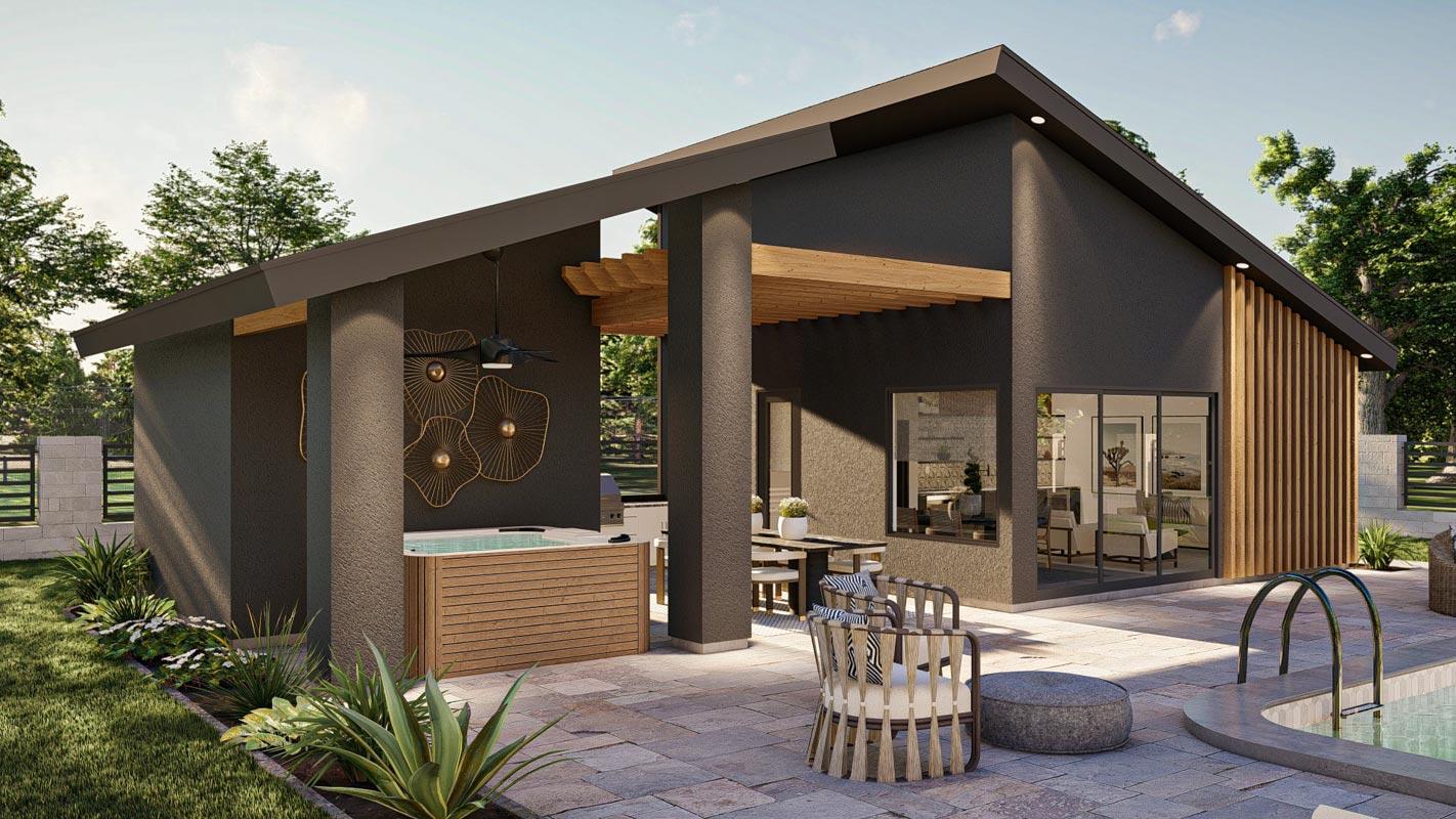Modern house plan exterior with dark stucco, shed roof, wood trellis, hot tub, and pool.