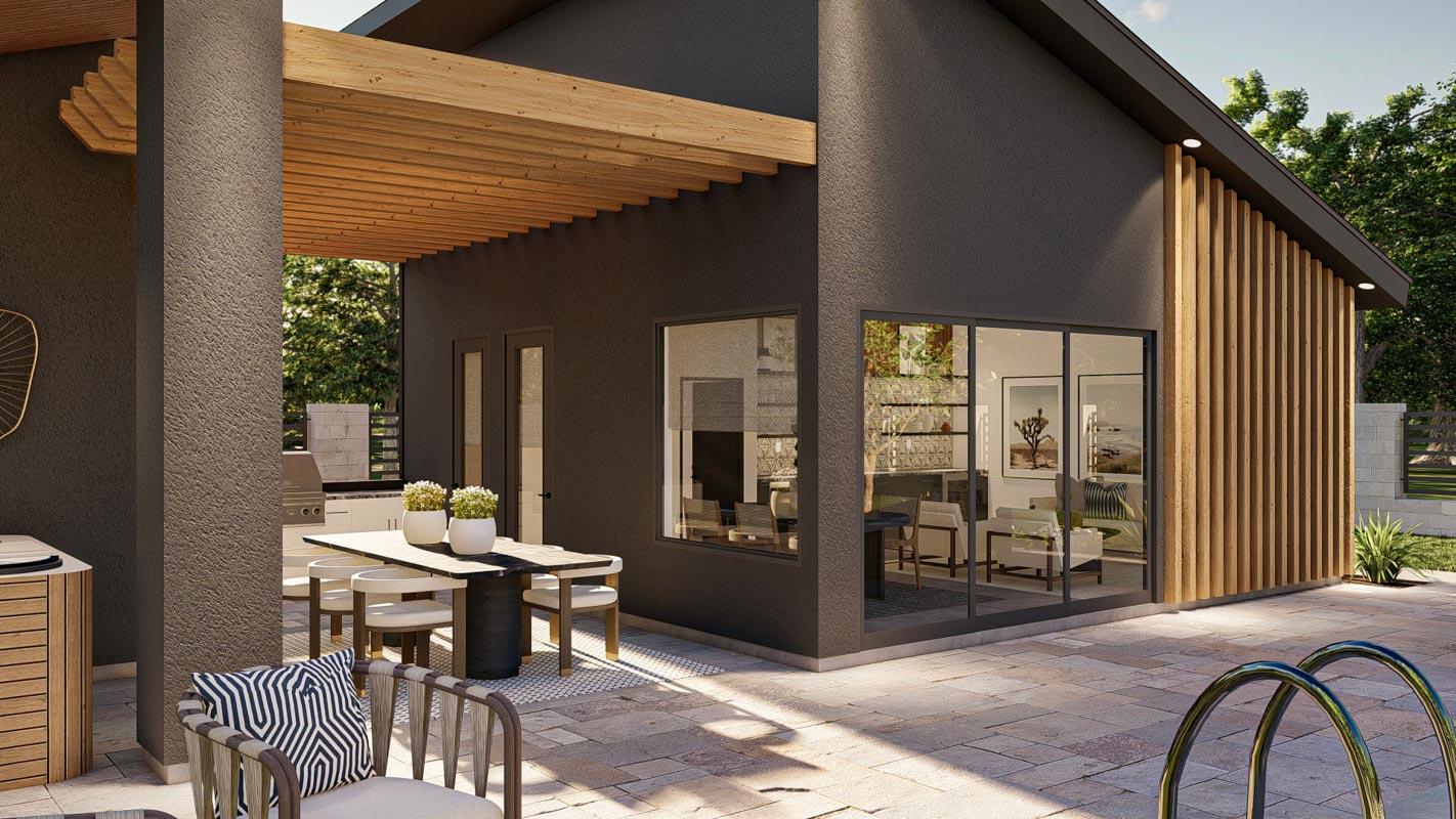 Modern house exterior with dark stucco, wood slat accent, covered patio with outdoor dining, and pool.
