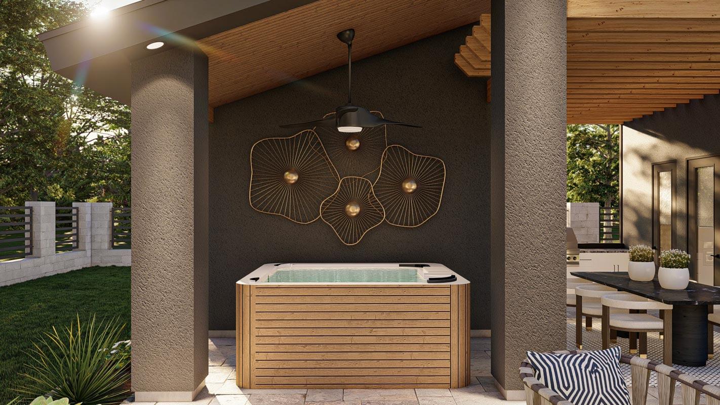 Modern house exterior with covered patio, built-in hot tub, outdoor dining area, and large windows.