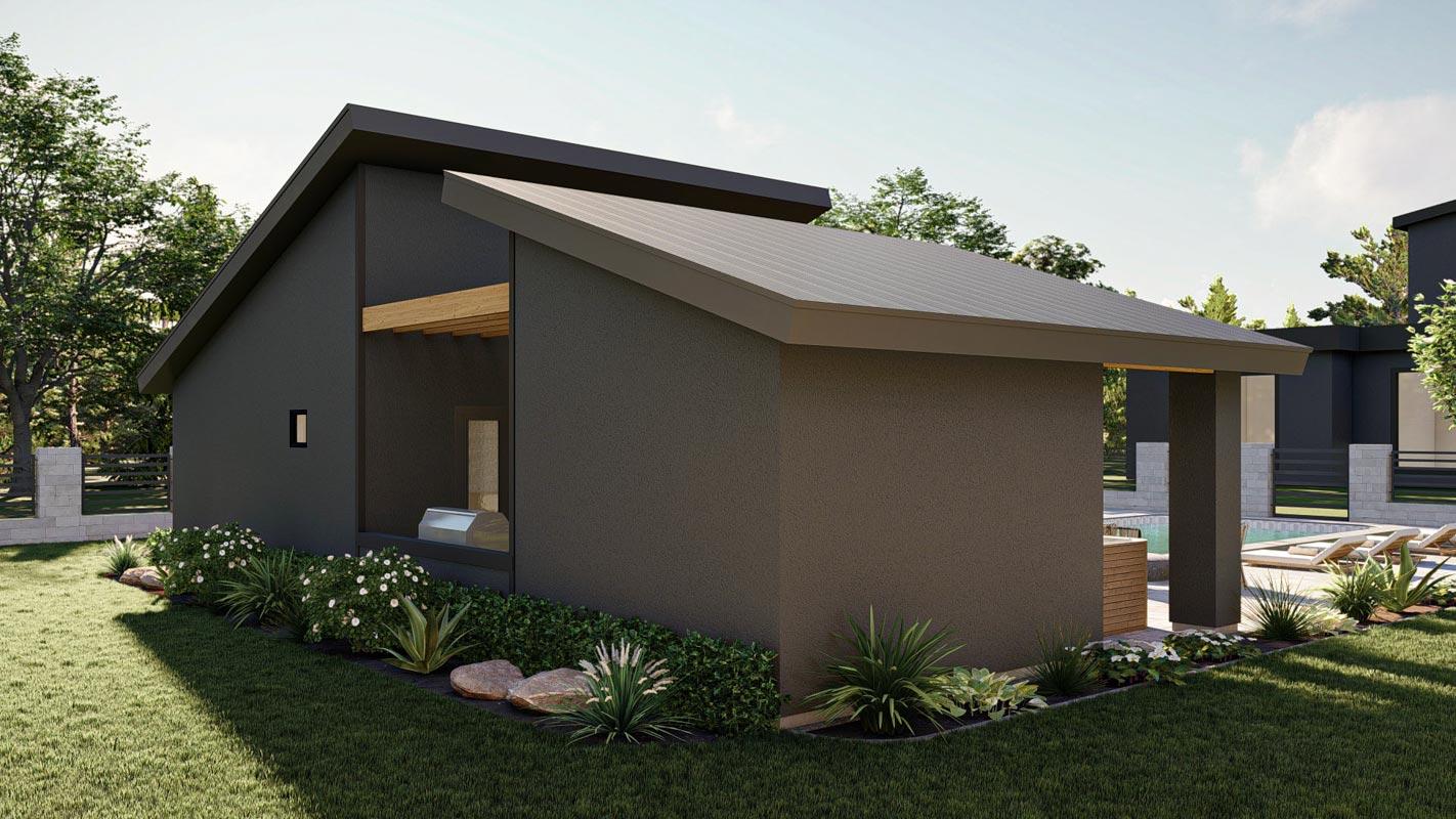 Modern house plan exterior with dark stucco, asymmetrical rooflines, covered patio with outdoor grill, and adjacent pool area.