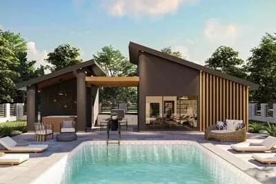 Modern Pool House with Table Area and Enclosed Hangout Area