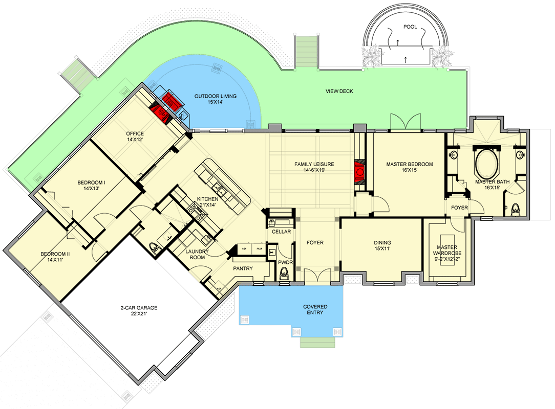 Plan 735008CAR: 2682 Square Foot Angled Ranch House Plan with 3 Bedrooms and Home Office - Floor Plan - Main Level - Florida-Style, Ranch, Traditional