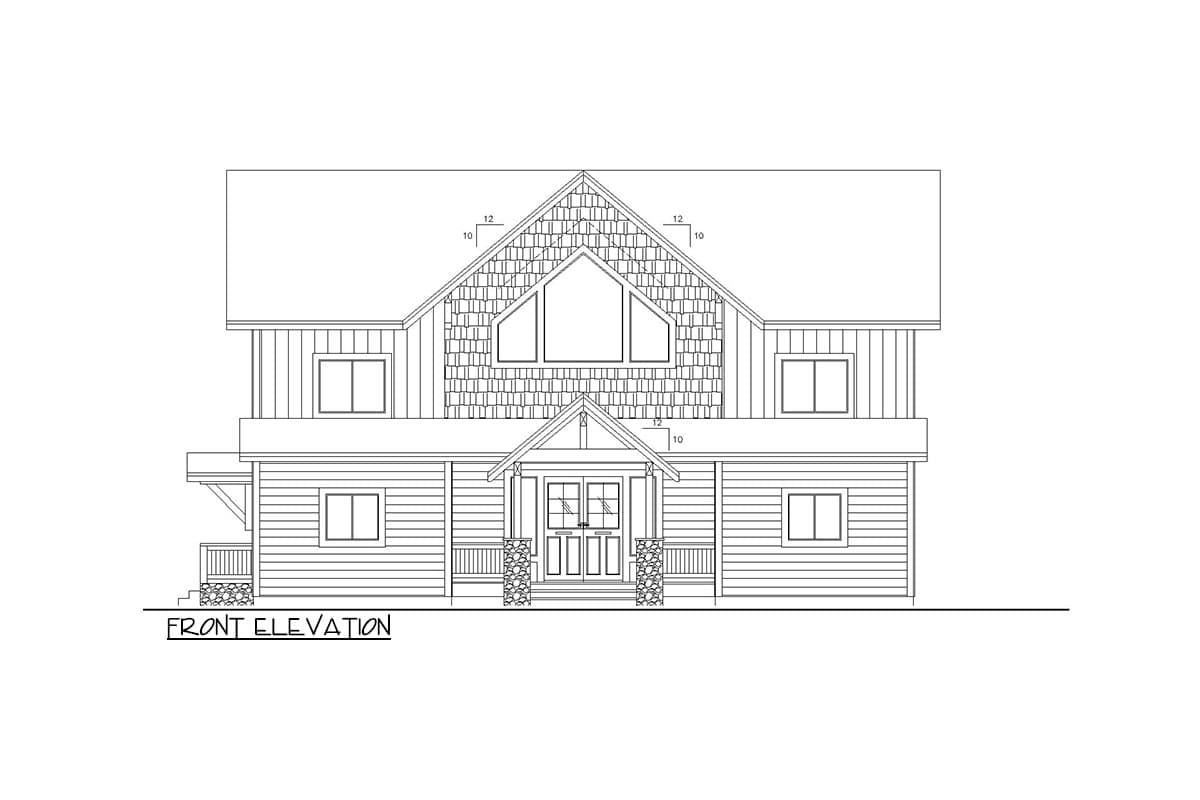 Front elevation drawing of a two-story house plan featuring a covered porch, gabled roof, and large attic window.