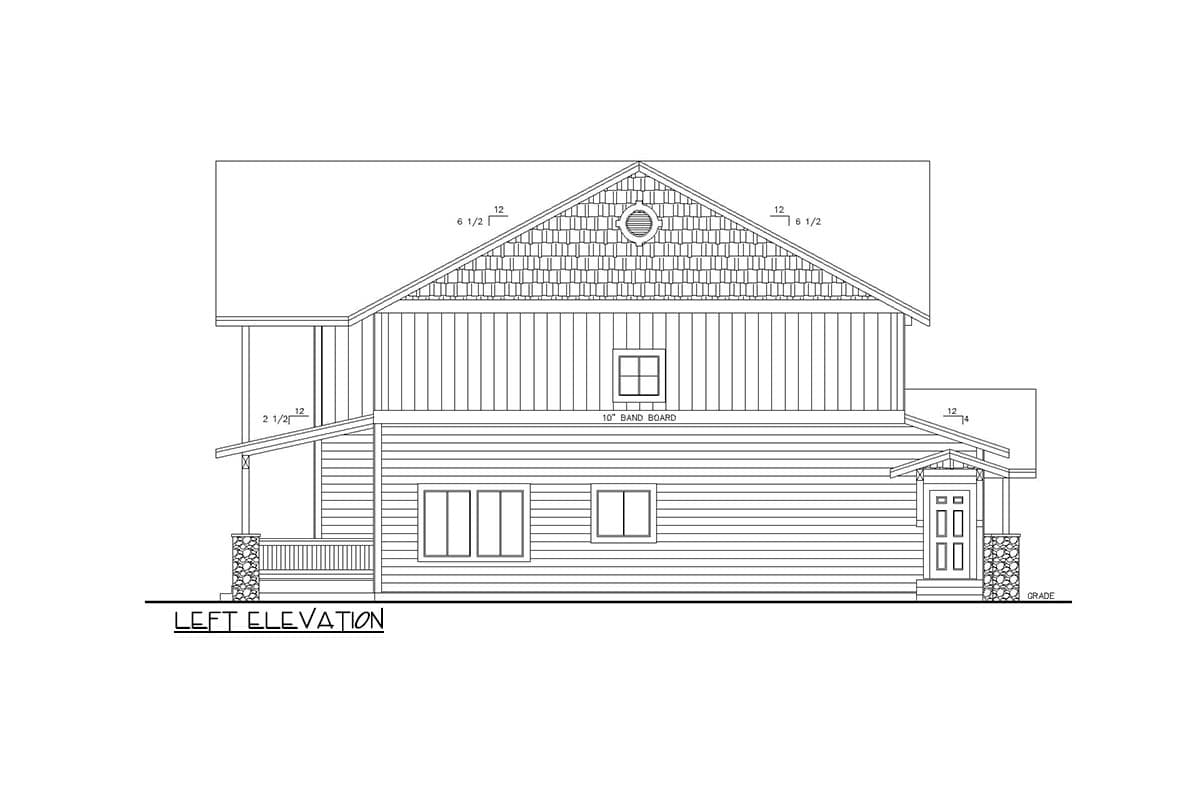 Left elevation house plan showing a two-story home with a gabled roof, dormer, porch, and stone accents.