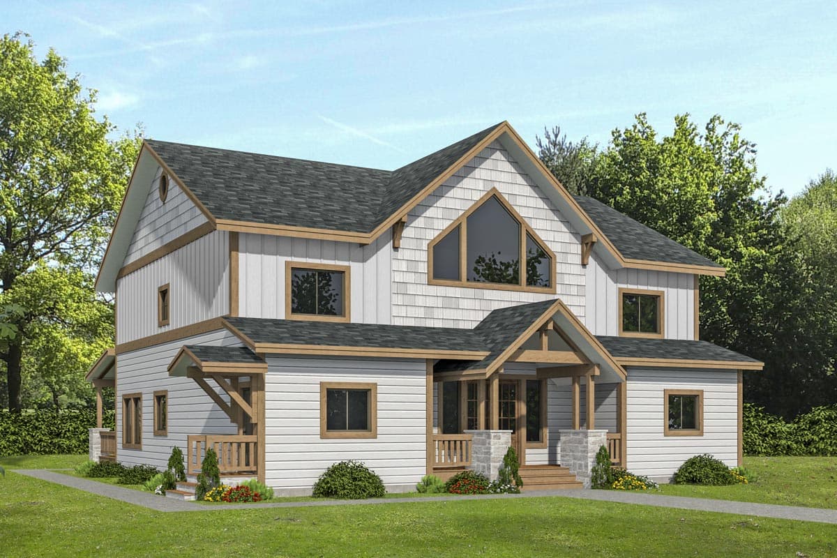 House plan exterior. Two-story Craftsman home with a gabled roof, prominent front porch, and a large triangular window in the gable.