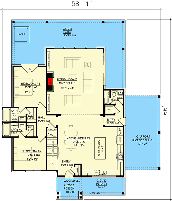 Plan 421518CHD: 3-Bed Mountain House Plan with 2-Story Living Room and Loft/Bunk Room Overlook - Floor Plan - Main Level - Cabin, Country, Craftsman, Mountain, New American, Rustic