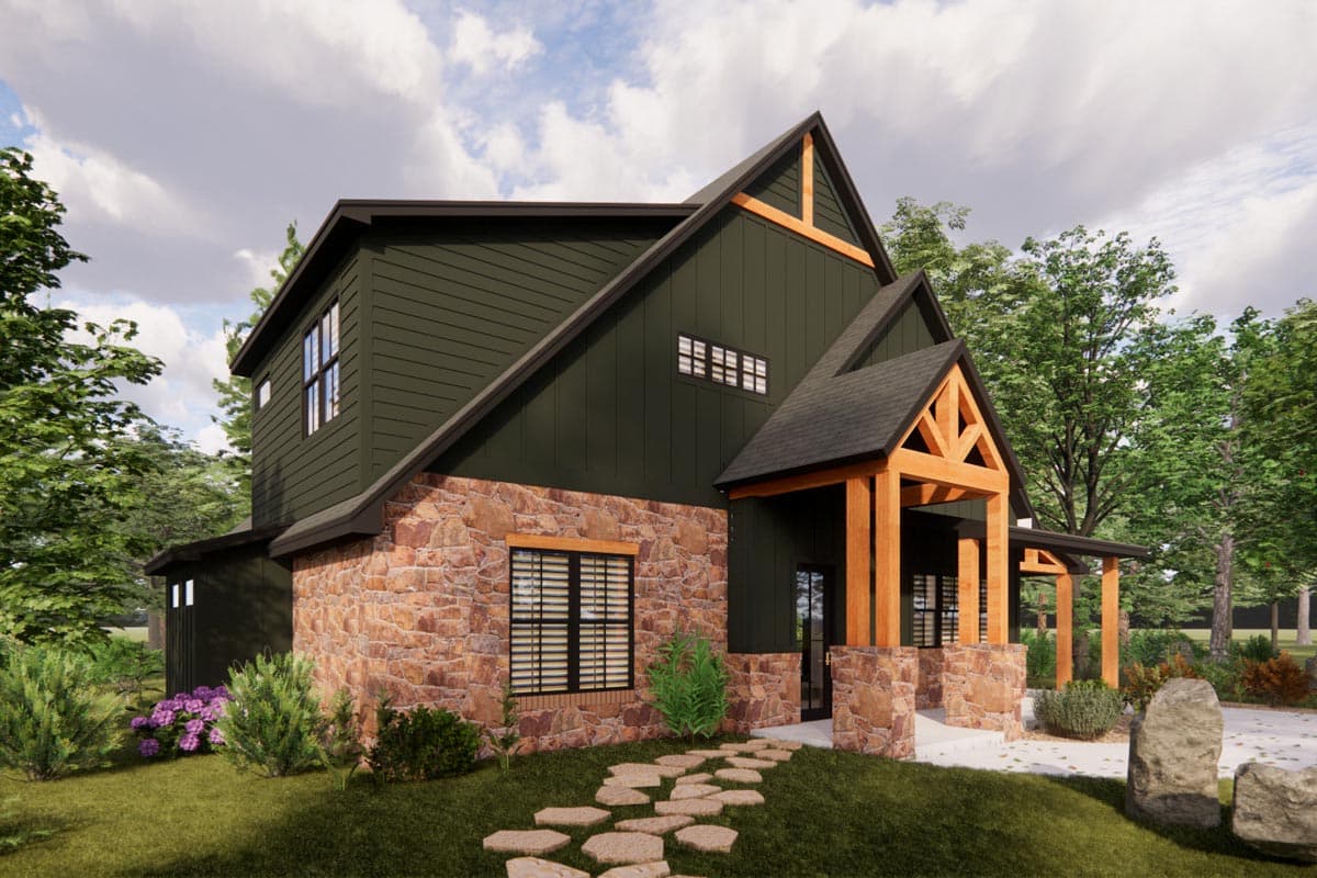 House plan exterior: Two-story modern home with stone base, dark siding, steeply pitched gables, and timber-framed porch.