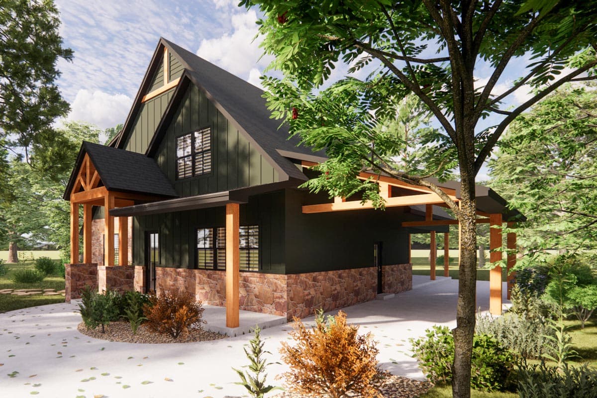 Modern farmhouse house plan exterior with stone wainscoting, covered porch, and exposed wooden beams.