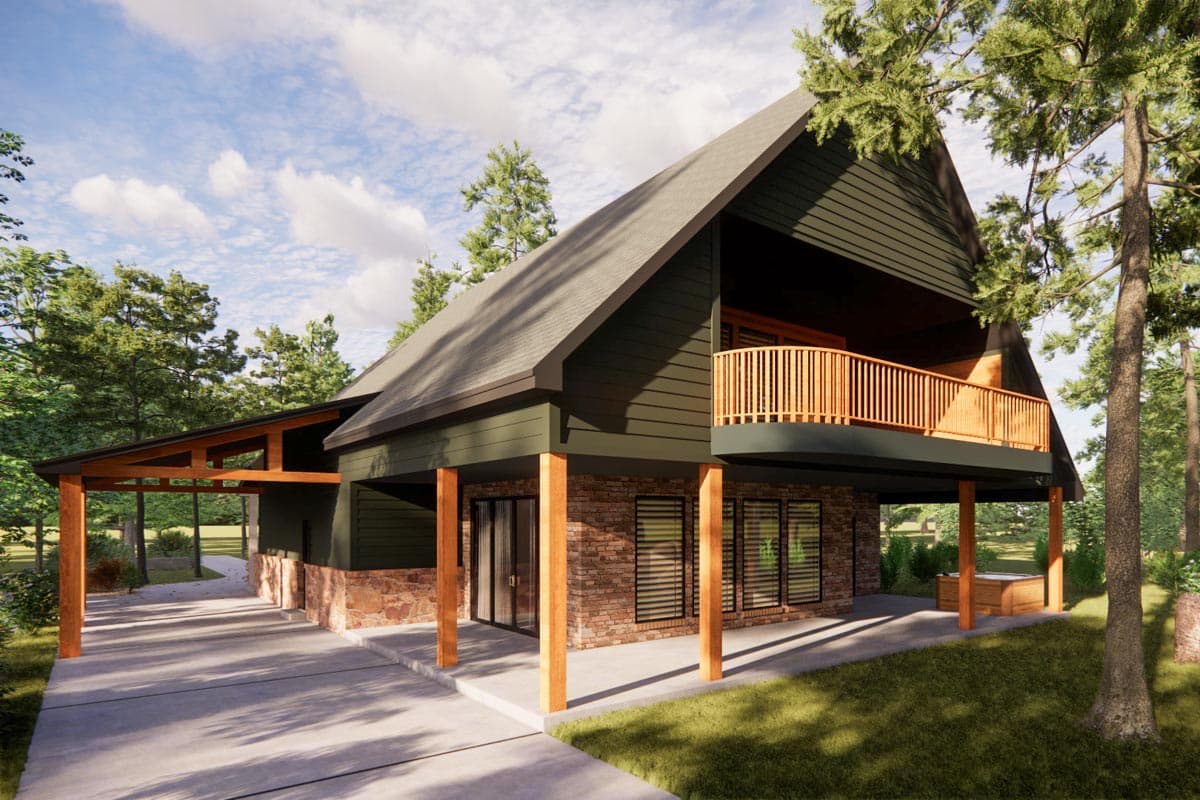 Modern house plan exterior with a steep gable roof, dark siding, stone foundation, carport, and upper balcony.