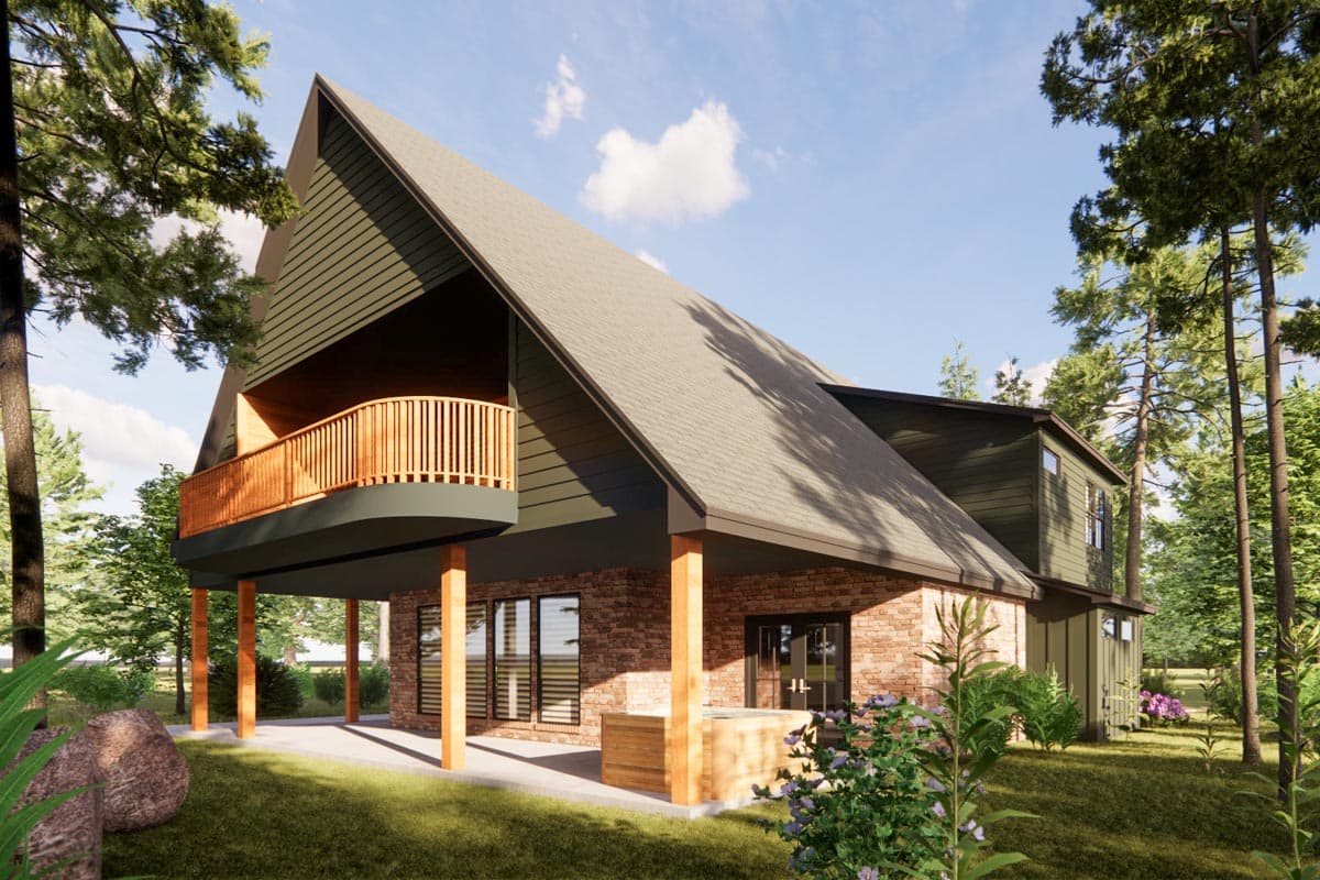 House plan exterior showing a steep gable roof, second-story balcony with railing, and stone and wood siding.