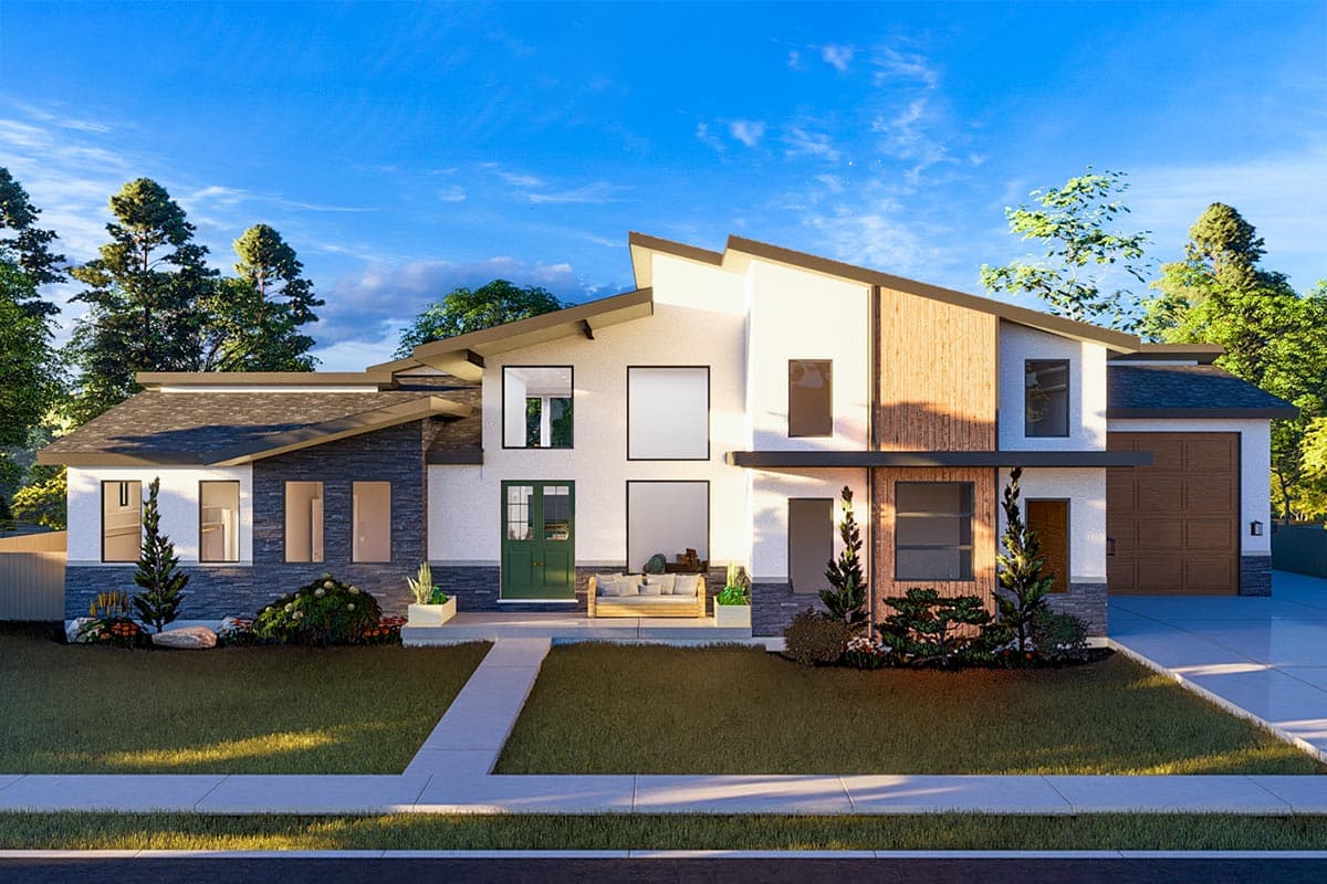 House plan exterior. Modern style, two-story home with a flat roof, wood paneling, and an attached garage. Features include a covered entry.