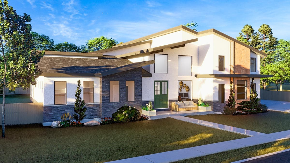 Modern house plan exterior with asymmetrical rooflines, mixed material facade of stucco and stone, and a prominent green entry door.