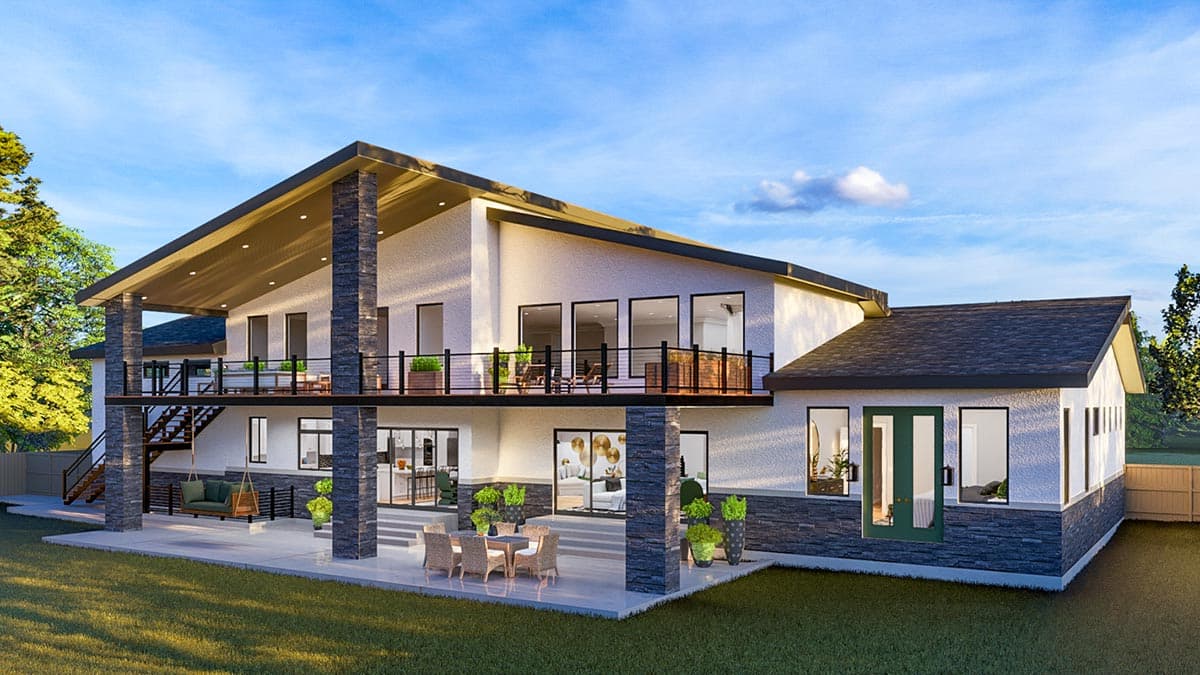 House plan exterior: Modern style, two-story home with multi-level decks, stone accents, and large windows.