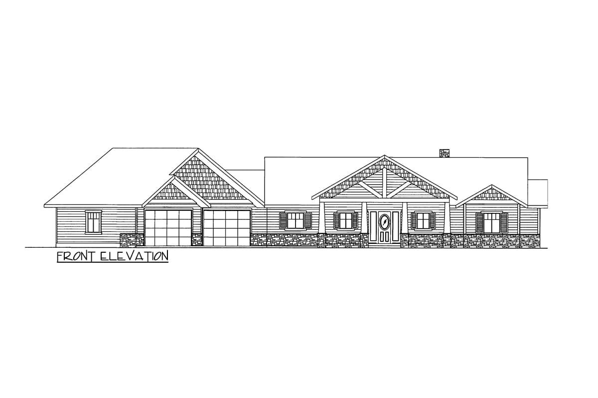 Front elevation drawing of a single-story house plan with a gabled roof, two-car garage, stone foundation, and exposed beam porch.