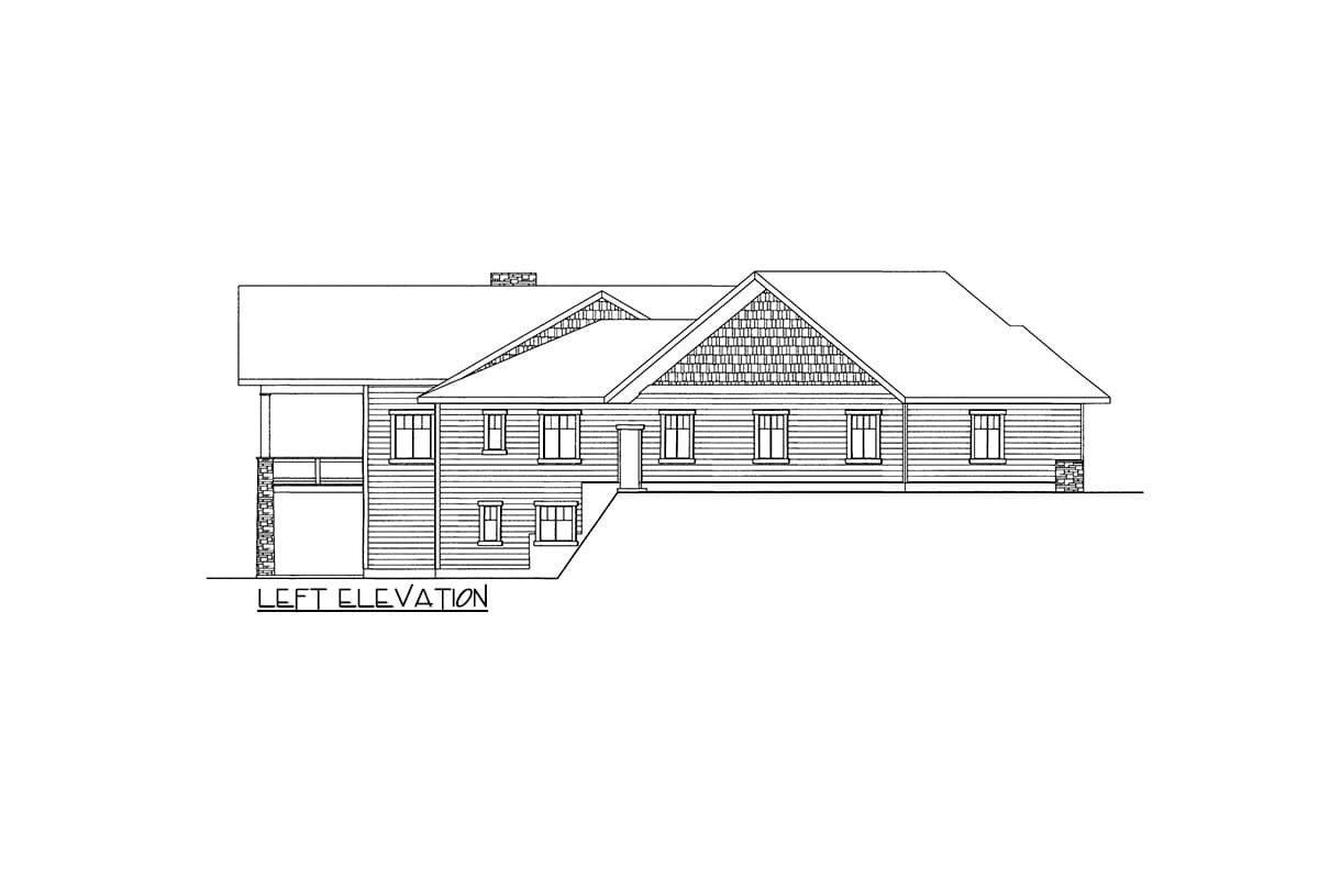 Left elevation house plan with a prominent gable, multiple windows, and a covered porch with stone supports.