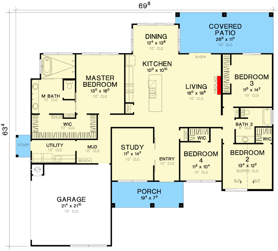Plan 31219D: Modern 2308 Sq Ft One-Level Home Plan with Study and Open Living Space - Floor Plan - Main Level - Contemporary, Mid Century Modern, Modern, Ranch