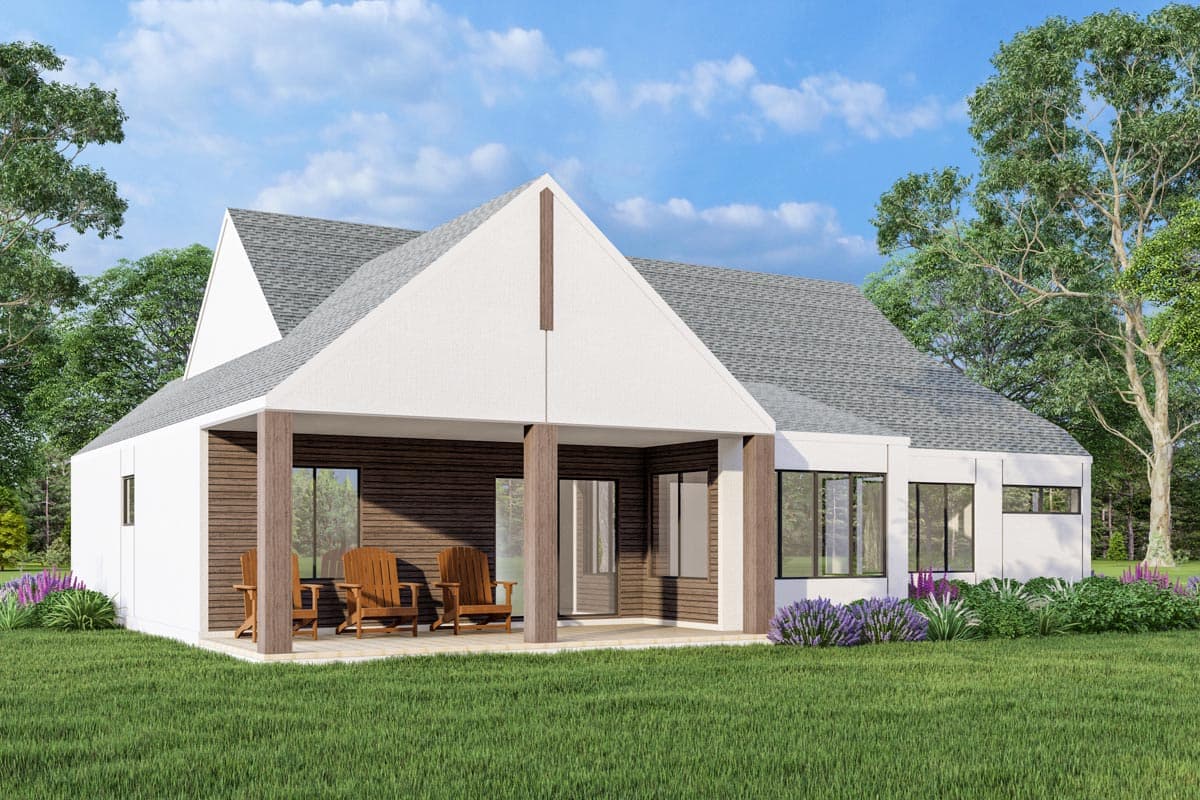 Modern house plan exterior with gabled roof, covered porch with wood-trimmed columns, and horizontal siding.