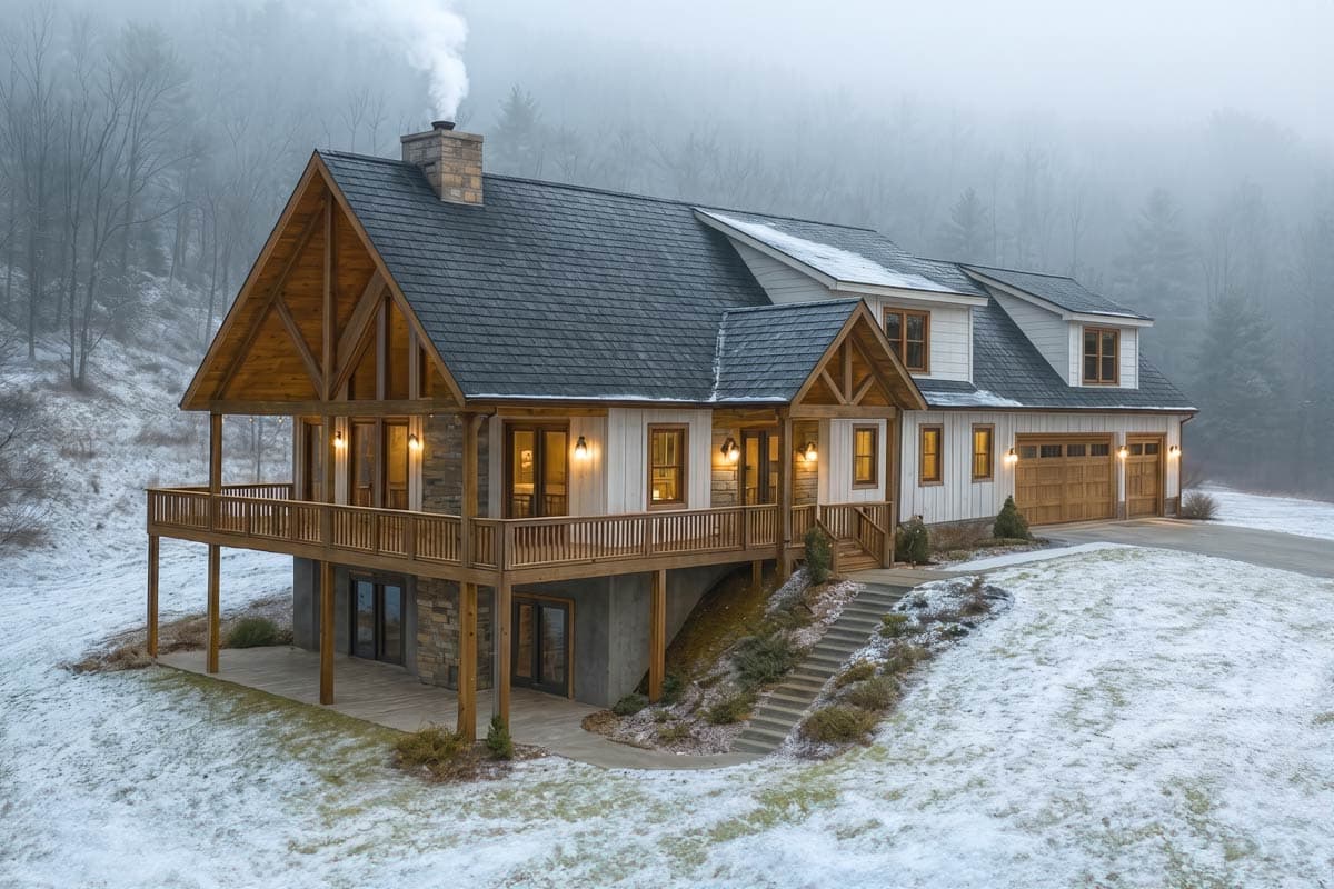 Plan 680136VR: 4039 Sq Ft Lake House Plan with 2-Story Great Room and 2-Car Garage for a Side Sloping Lot - Image #2 - Country, Craftsman, Mountain, Rustic