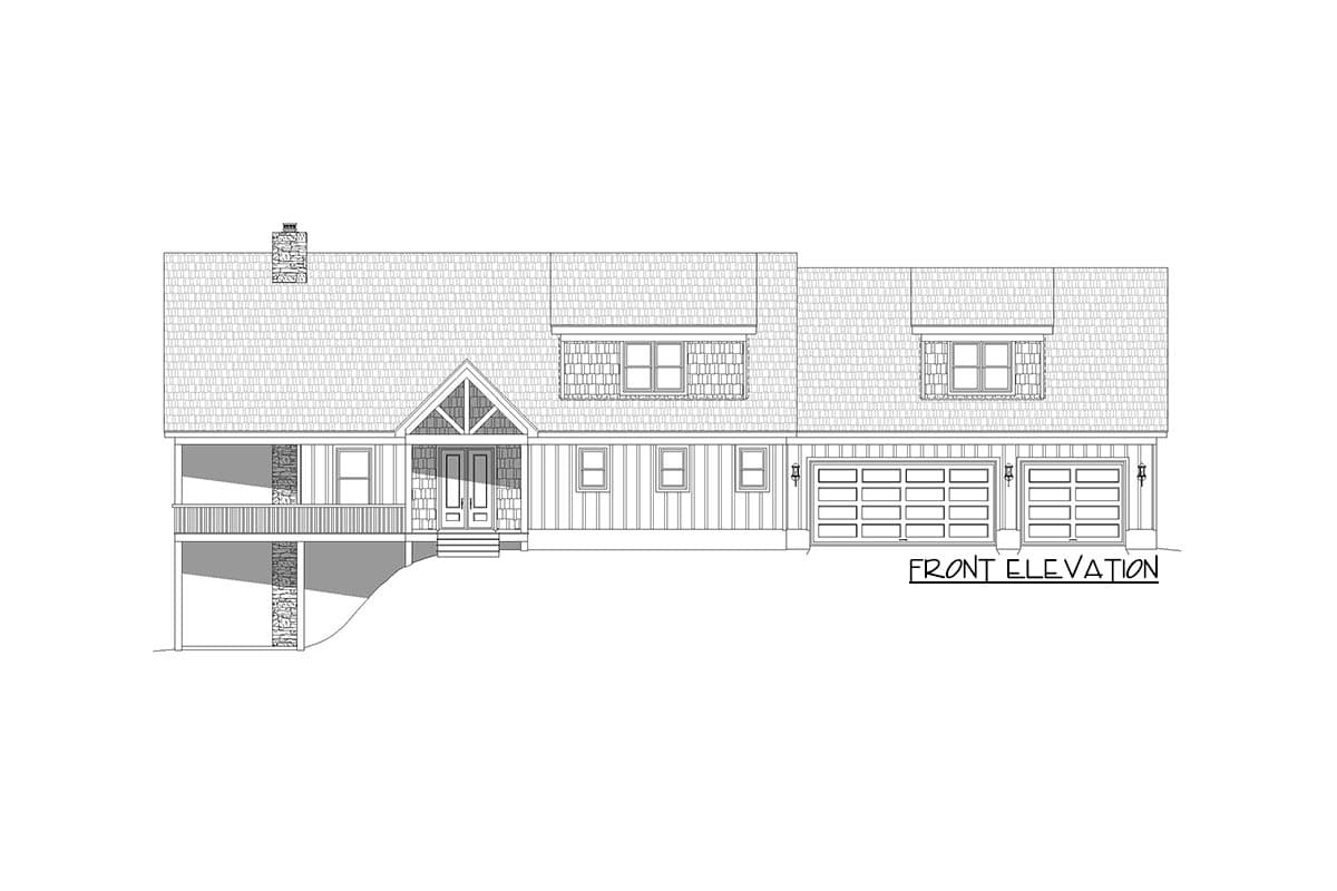 Front elevation drawing of a two-story house plan with a porch, gabled entrance, dormers, and a three-car garage.