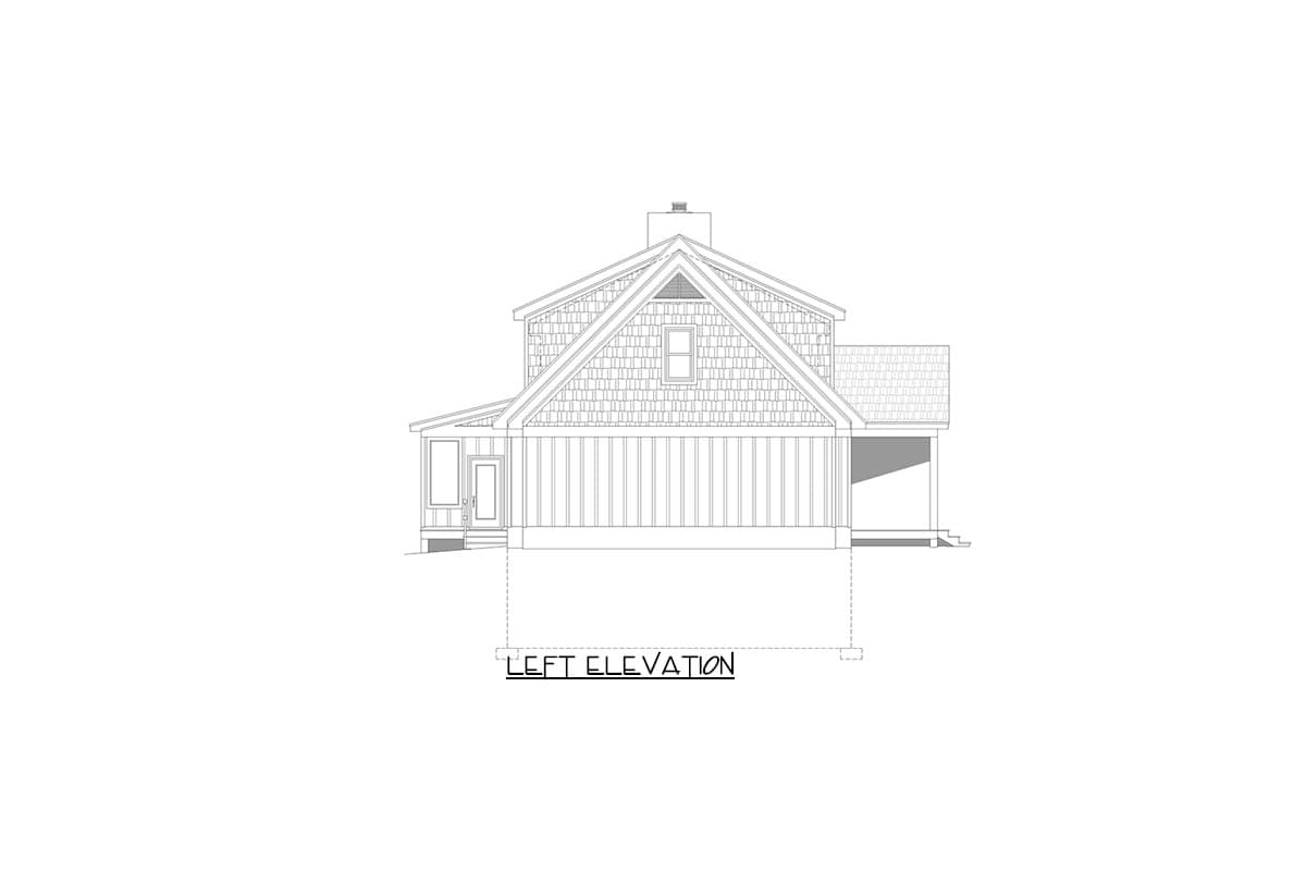 Left elevation drawing of a two-story house plan featuring a covered porch, dormer window, and shake siding.