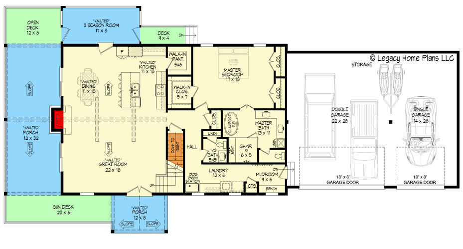Plan 680136VR: 4039 Sq Ft Lake House Plan with 2-Story Great Room and 2-Car Garage for a Side Sloping Lot - Floor Plan - Main Level - Country, Craftsman, Mountain, Rustic