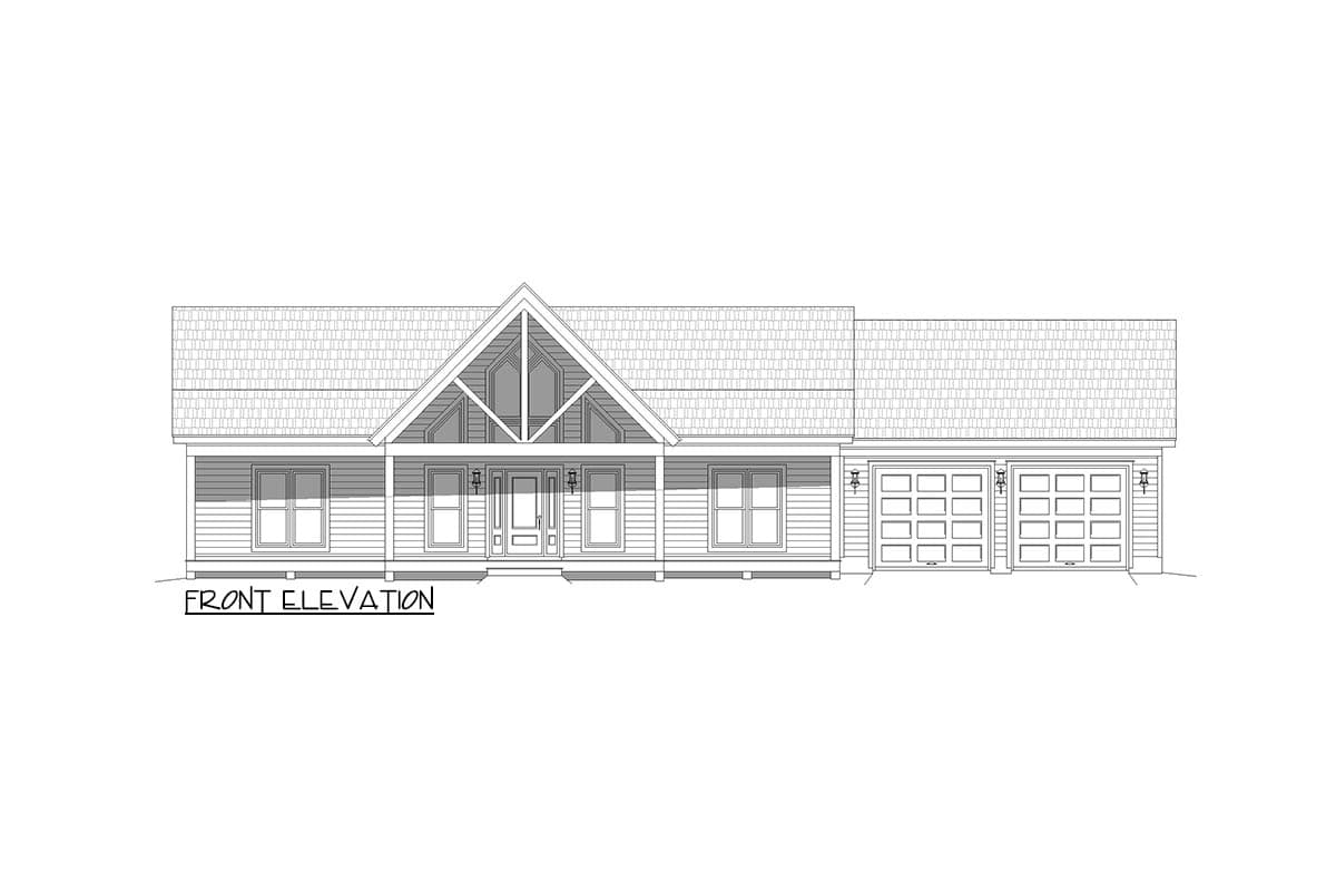 Front elevation drawing of a single-story house with a covered porch, prominent gable, and a three-car garage.